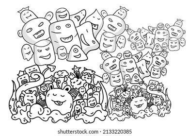 trend of cute doodle monsters, happy expressions funny sad scary