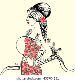 Trend fashion pattern elegant bride. Charm lady in a lace summer dress roses flower coloring book. Style shabby chic, boho, provence, print t-shirt, mother's day, march 8, women's day - stock vector.