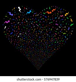 Trend fireworks with heart shape. Vector illustration style is flat bright multicolored iconic symbols on a black background. Object salute organized from random icons.