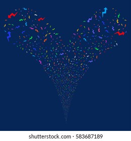 Trend fireworks stream. Vector illustration style is flat bright multicolored iconic symbols on a blue background. Object double fountain created from random symbols.