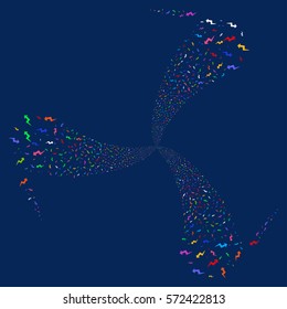Trend fireworks swirl rotation. Vector illustration style is flat bright multicolored iconic symbols on a blue background. Object spiral made from random icons.
