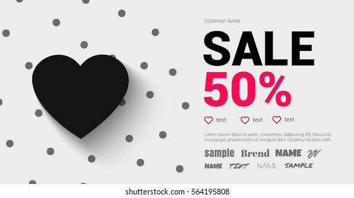 Trend flyer with a black heart and a shadow for promotions. Modern flyer for the sale of the place text and brands. Vector illustration. 