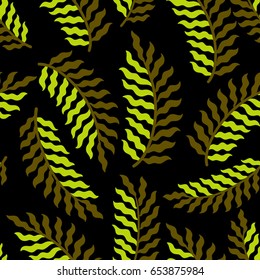 Trend folk hand drawn branch illustration seamless pattern on a black background. Leaf texture for fashion prints, decorative paper, textile design.