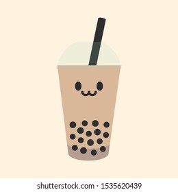 Trend food and drink concept. Cute illustration.  "Boba tea" or "Bubble tea" or "Tapioca milk tea" or "Pearl milk tea". Smiling Plastic cup on the milky light brown Background. 