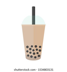 Trend food and drink concept. Flat design vector illustration.  "Bubble tea" or "Tapioca milk tea" or "Pearl milk tea". Plastic cup on the White Background. 