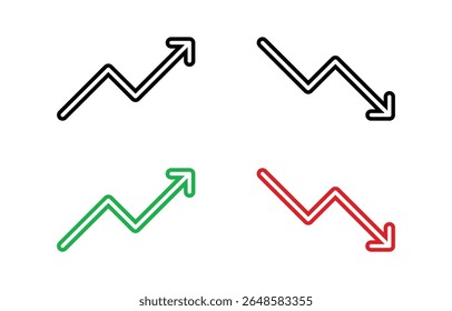 Trend or Green upward and red downward arrows representing growth decline financial trend market movement business success loss investment economics strategy direction change