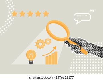 Trend halftone collage. Data analysis concept, goal achievement review, SEO or optimization concept, employee performance appraisal, performance appraisal. Hand uses a magnifying glass to analyze an