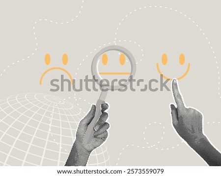 Trend halftone collage. Feedback concept, customer feedback, customer reviews, customer evaluation, rating concept. Hand picks face with smile showing customer satisfaction and high rating.Vector