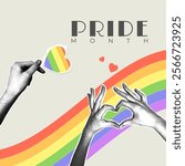 Trend halftone collage in retro style. Collage on the theme of pride month. Hand with halftone effect holding a scrapbooking style paper cut out heart and heart shaped hands on rainbow background