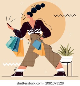 Trend illustration 2021. A girl with a big body and a small head goes shopping in the store and talks on the phone.