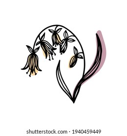 Trend illustration of a field bell flower on abstract stained substrates of pastel pink and yellow colors. Hand-drawn contour lines of a fantastic stylized plant. Vector illustration isolated on white