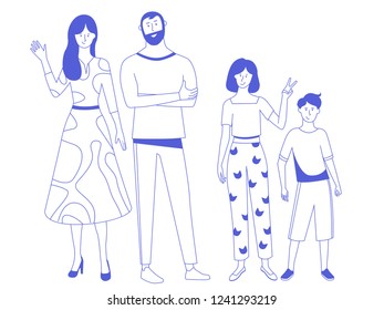Trend illustration in the line art style. Family members are standing nearby. Father, mother, son and daughter. Brother and sister fool around. Vector characters. Illustration on white background.