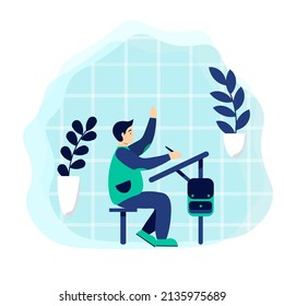 Trend illustration of a student in a class answering a question. Design of a modern man in the urban jungle. Teenager and teacher communicate.