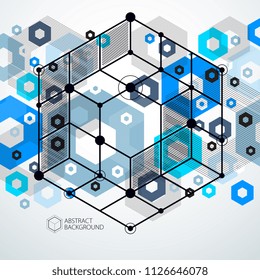 Trend isometric geometric pattern blue background with bright blocks and cubes. Technical plan can be used in web design and as wallpaper or background. Perfect background for your design projects.