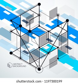 Trend isometric geometric pattern blue background with bright blocks and cubes. Technical plan can be used in web design and as wallpaper or background. Perfect background for your design projects.