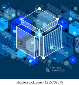Trend isometric geometric pattern blue black background with bright blocks and cubes. Technical plan can be used in web design and as wallpaper or background.