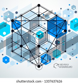 Trend isometric geometric pattern blue background with bright blocks and cubes. Technical plan can be used in web design and as wallpaper or background. Perfect background for your design projects.