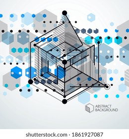 Trend isometrische geometrische Muster blauer Hintergrund mit hellen Blöcken und Würfeln. Technischer Plan kann im Web-Design und als Bildschirmhintergrund oder Hintergrund verwendet werden. Perfekter Hintergrund für Ihre Designprojekte.