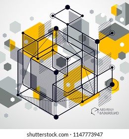 Trend Isometric Geometric Pattern Yellow Background With Bright Blocks And Cubes. Technical Plan Can Be Used In Web Design And As Wallpaper Or Background. Perfect Background For Your Design Projects.