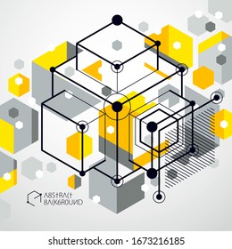 Trend isometric geometric pattern yellow background with bright blocks and cubes. Technical plan can be used in web design and as wallpaper or background. Perfect background for your design projects.