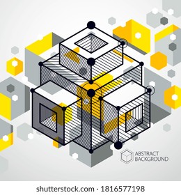 Trend isometrische geometrische Muster gelber Hintergrund mit hellen Blöcken und Würfeln. Technischer Plan kann im Web-Design und als Bildschirmhintergrund oder Hintergrund verwendet werden. Perfekter Hintergrund für Ihre Designprojekte.