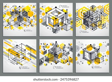 Trend isometric geometric pattern yellow backgrounds set with bright blocks and cubes. Technical plan can be used in web design and as wallpaper or background. Perfect background for your designs