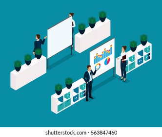 Trend isometric objects 3D people businessman coachers, training, discussion, office workers front view rear view isolated on a blue background.