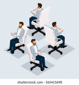 Trend isometric objects, 3D table with documents, laptop, chair, keyboard, mouse, front view, rear view, are isolated on a dark background. Vector illustrations.