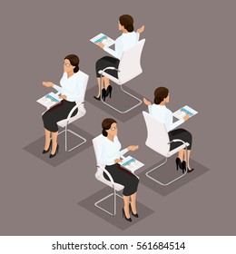 Trend Isometric people 3D business woman working with documents, graphics, front view, rear view, stylish hairstyle, glasses, office worker man in a suit isolated on a dark background.