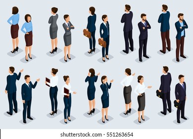 Trend Isometric people 3D businessmen and business woman in business suits, people's gestures, a front view and rear view isolated on a light background. Vector illustration