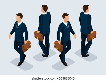 Trend Isometric people communicating concept rear view, large office room, meeting, discussion, brainstorming, business, and business ladies in suits isolated on a light background. Vector illustratio