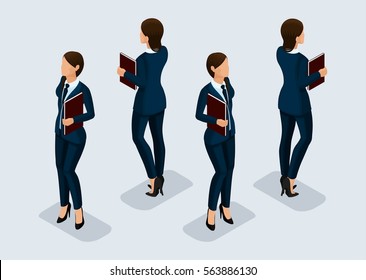 Trend Isometric people communicating concept rear view, large office room, meeting, discussion, brainstorming, business, and business ladies in suits isolated on a light background. Vector illustratio