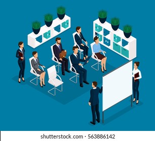 Trend Isometric people communicating concept rear view, large office room, meeting, discussion, brainstorming, business, and business ladies in suits isolated on a light background. Vector illustratio
