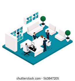 Trend isometric people, concept, office manager rear view, a large table for meetings, negotiations, brainstorming, businessmen isolated on a light background.