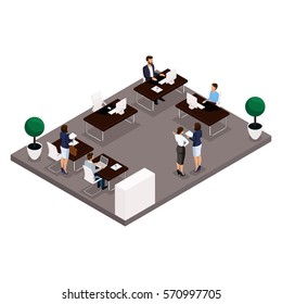 Trend isometric people, concept, an office Rear view of a large office room, work, office workers, businessmen and business woman in suits isolated on a light background. Vector illustrations.