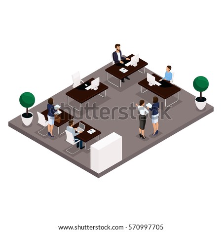 Trend isometric people, concept, an office Rear view of a large office room, work, office workers, businessmen and business woman in suits isolated on a light background. Vector illustrations.