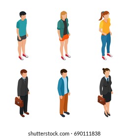 Trend Isometric people of different characters: teenager, freelancers, business woman and businessman in suits insulated. Vector illustration.