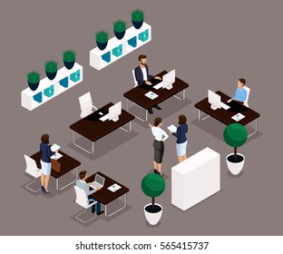 Trend isometric people, office worker rear view, business concept, management, office furniture, workflow, business office workers in suits insulated. Vector illustration.