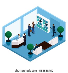 Trend isometric people, a room communicating room front view, a large office room, reception, office workers, businessmen and business woman in suits isolated on a light background. Vector illustratio