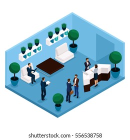 Trend isometric people, a room communicating room rear view, large office room, reception, office workers, businessmen and business woman in suits isolated on a light background. Vector illustrations.