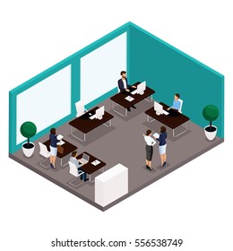 Trend isometric people, a room, an office Rear view of a large office room, work, office workers, businessmen and business woman in suits isolated on a light background. Vector illustrations.