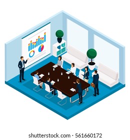 Trend Isometric People, A Room, An Office Manager Is A Front View, A Large Office Desk, Negotiation, Meeting, Board, Meeting, Brainstorm, Businessmen In Suits Isolated On A Light Background.