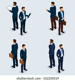 Trend Isometric People Set 1, 3D businessmen in business suits, people gestures, front view and rear view isolated on a light background. Vector illustration