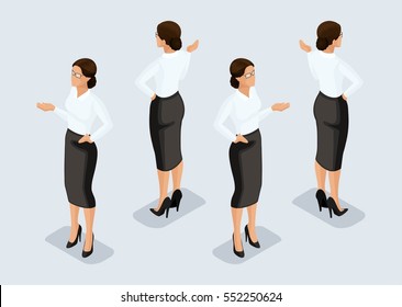 Trend Isometric People Set 1, 3D business woman in business suits, people's gestures, a front view and rear view isolated on a light background. Vector illustration