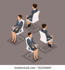 Trend Isometric People Set 2, 3D Business Woman In Business Suit, Sitting On A Chair, Front View And Rear View Isolated On A Dark Background. Vector Illustration