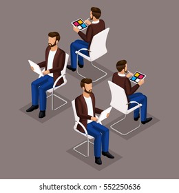 Trend Isometric People Set 2, 3D Businessmen In Suits, Sitting On A Chair, Front View And Rear View Isolated On A Dark Background. Vector Illustration