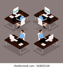 Trend Isometric People Set 2, 3D Business Lady Working At A Desk On A Laptop Front View, Rear View, Stylish Hairstyle, Office Worker Man In A Suit Isolated On A Dark Background. Vector Illustrations.