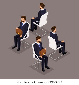 Trend Isometric People Set 3, 3D Businessmen In Suits, Sitting On A Chair, Front View And Rear View Isolated On A Dark Background. Vector Illustration