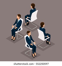 Trend Isometric People Set 3, 3D business woman in business suit, sitting on a chair, front view and rear view isolated on a dark background. Vector illustration