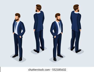 Trend Isometric People Set 4, 3D businessmen in business suits, people gestures, front view and rear view isolated on a light background. Vector illustration